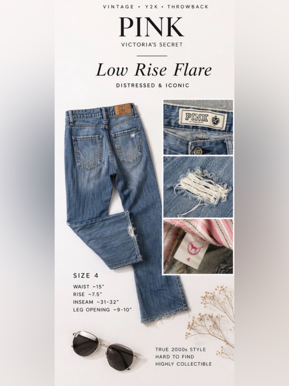 Victoria’s Secret PINK Y2K Low Rise Flare Jeans Distressed Wide Leg Vintage, 4 - Picture 4 of 13